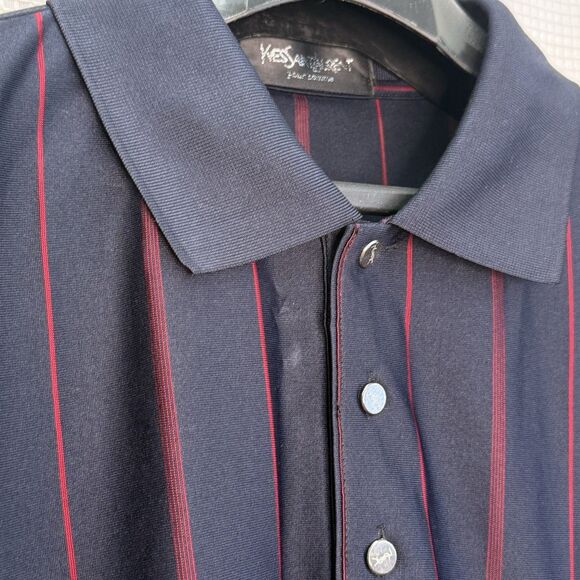 Vtg Yves Saint Laurent YSL 100% Silk Navy Red Stripe Polo Shirt Mens Approx. XXL - Picture 4 of 16